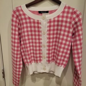 Sugar Lips Gingham Cardigan BNWOT Small Pink and White